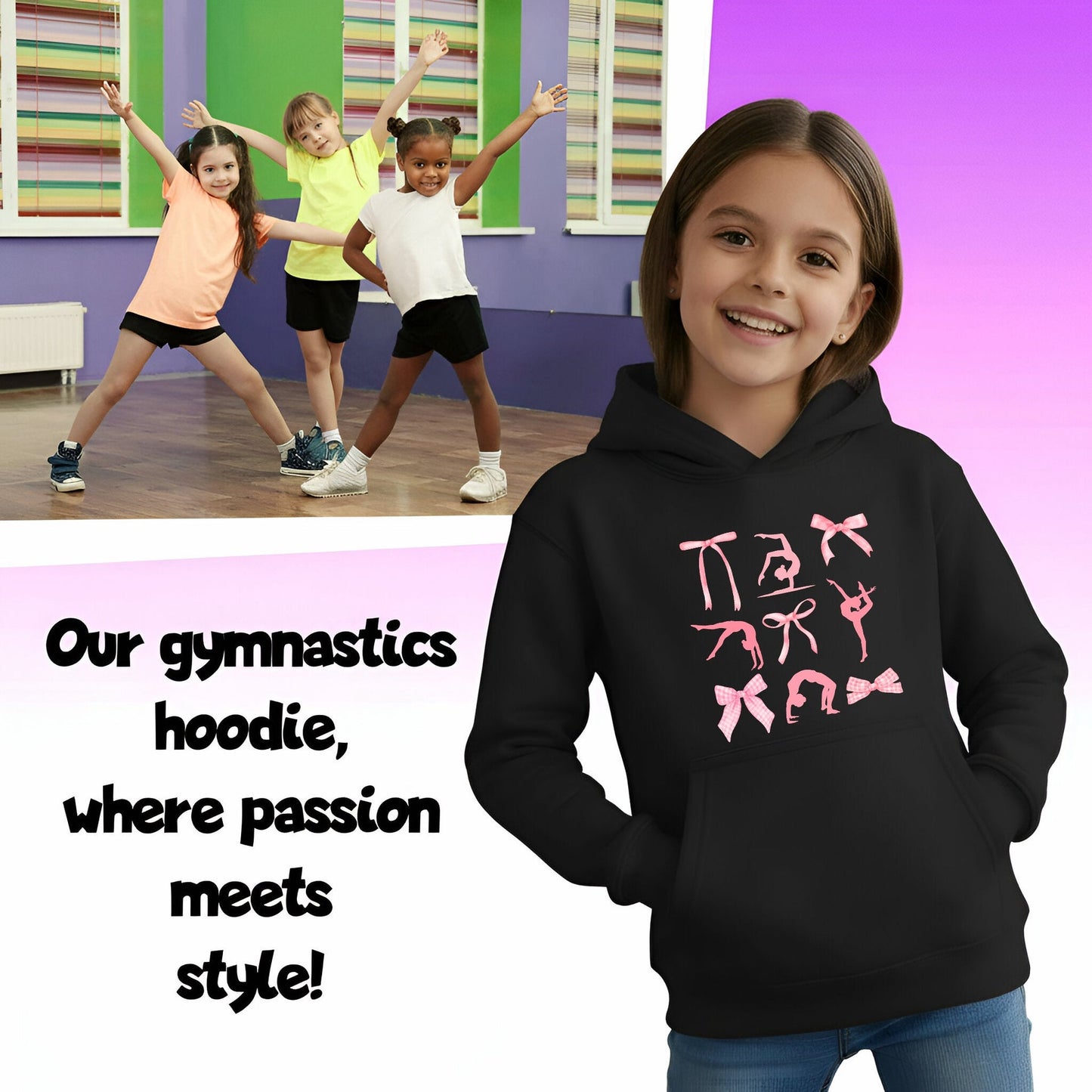Gymnastik-Kapuzenpullover – Fringoo Gymnastic for Cotton Rich Soft Hooded – Schleifenmotiv schwarz