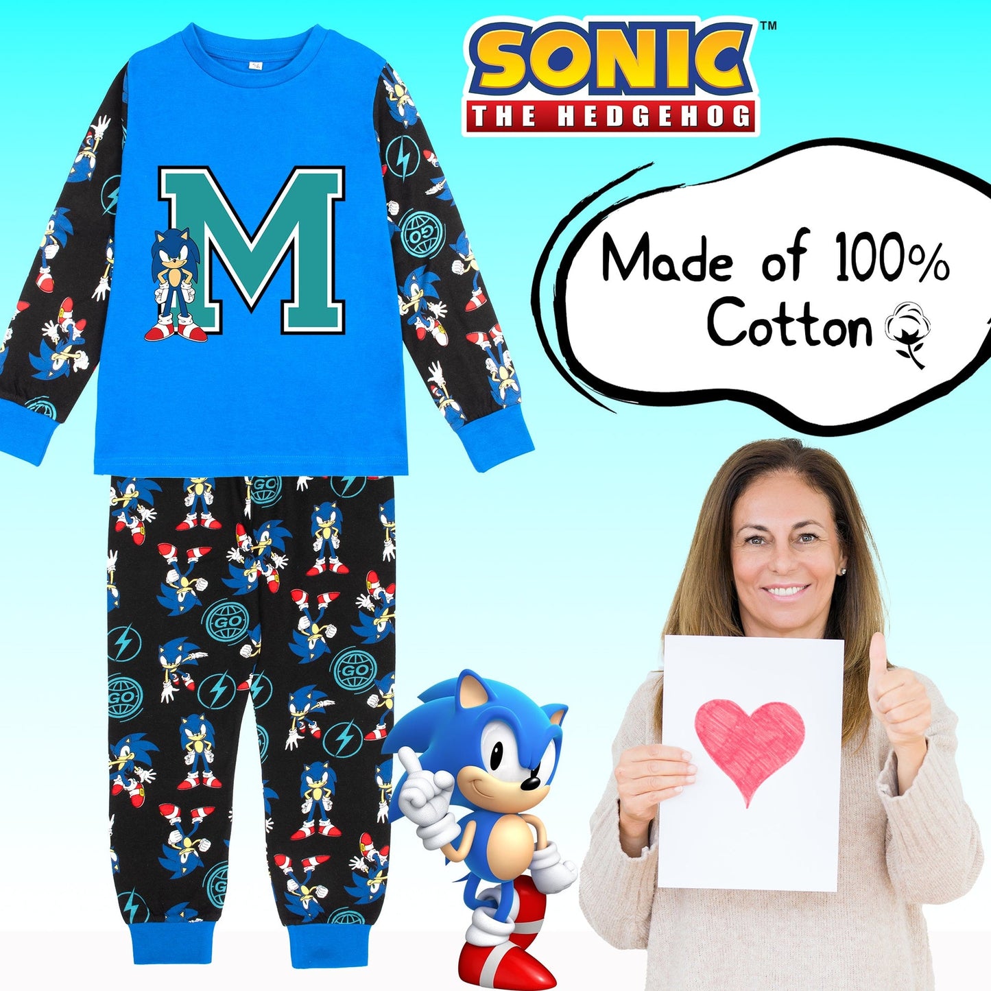 Sonic The Hedgehog Pyjama garçon Long Sleeve 100% Cotton