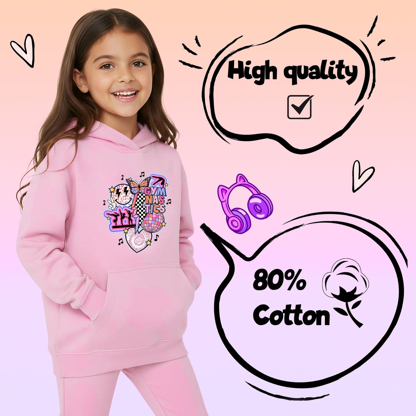 Fringoo Gymnastic Sweat à capuche for enfant Cotton Rich Soft Hooded Sweatshirt- Gymnastic Vibes-rose