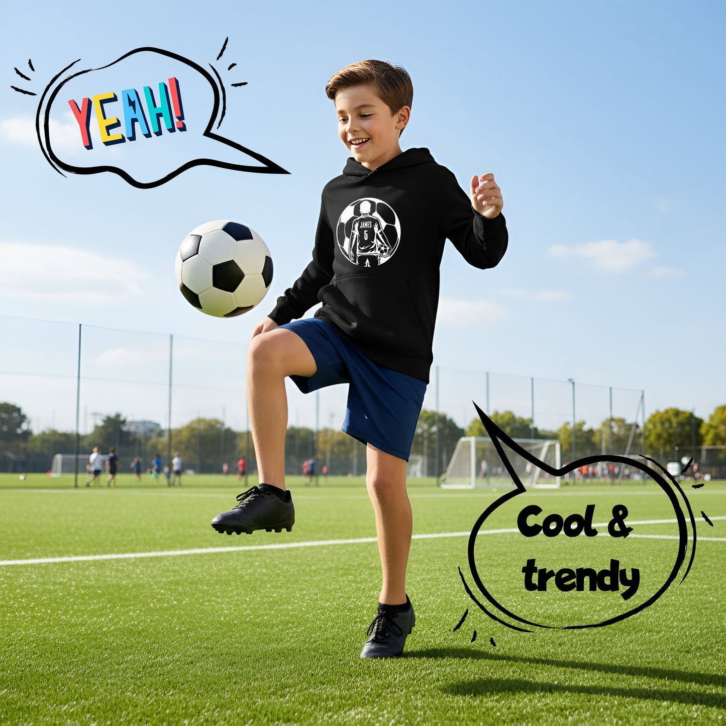 Fußball-Kapuzenpullover – Fringoo Fußball schwarz für Jungen, Baumwollreich, weich, mit Kapuze – Fußball schwarz