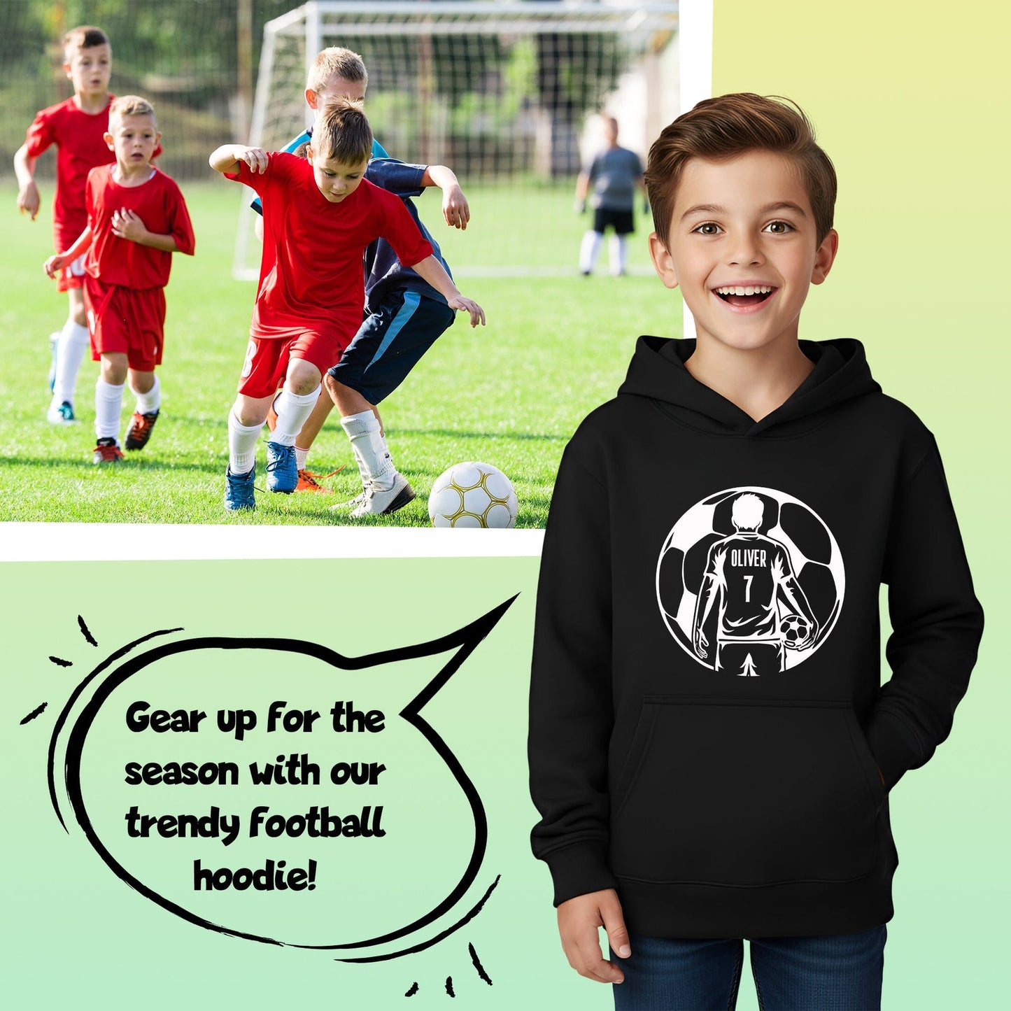 Fußball-Kapuzenpullover – Fringoo Fußball schwarz für Jungen, Baumwollreich, weich, mit Kapuze – Fußball schwarz