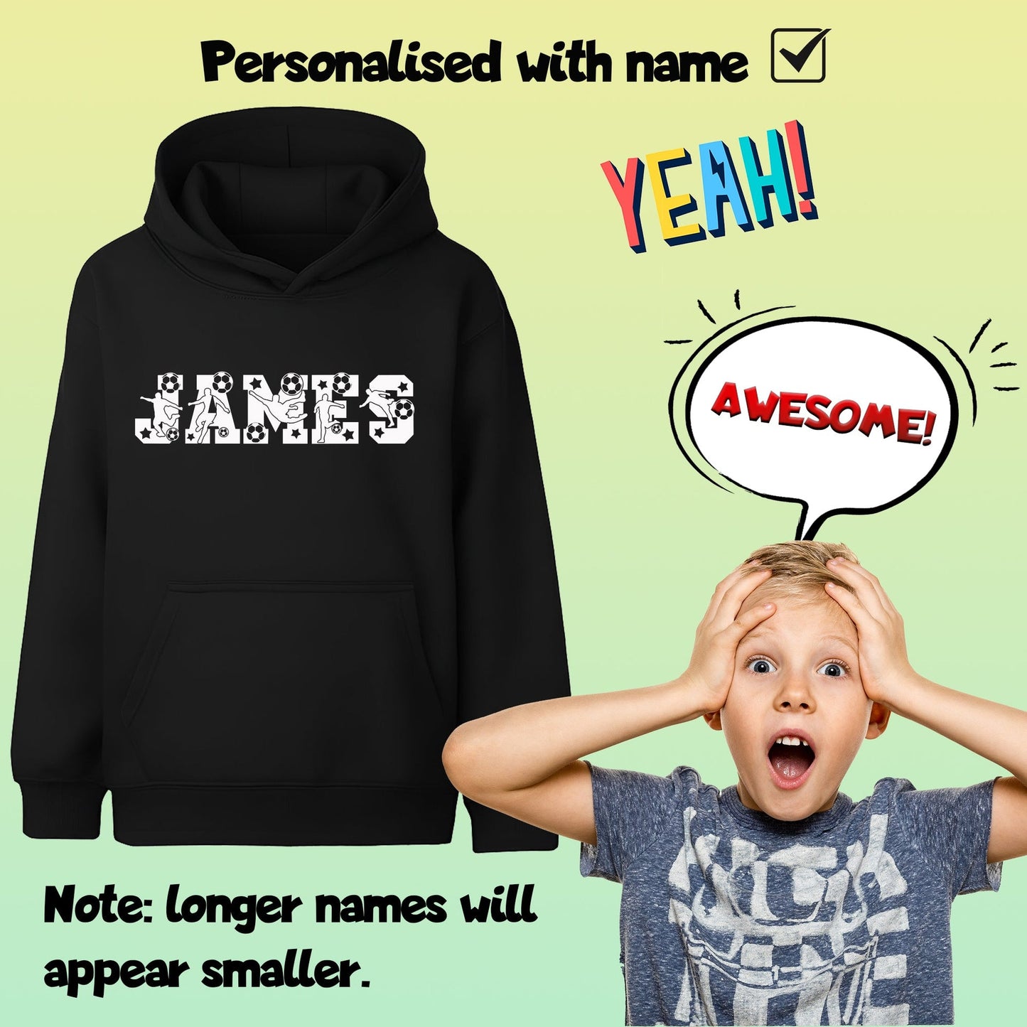 Sweat à capuche football – Fringoo football noir for Boys Cotton Rich Soft Hooded – football Alphabet noir