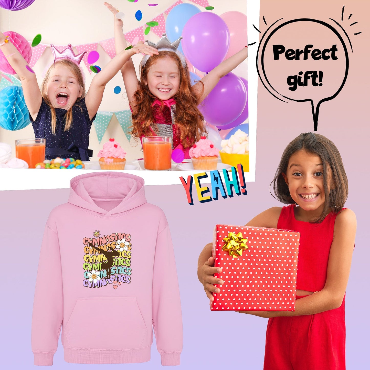 Fringoo Gymnastic Sweat à capuche for enfant Cotton Rich Soft Hooded Sweatshirt- Gymnastic Daisy- rose