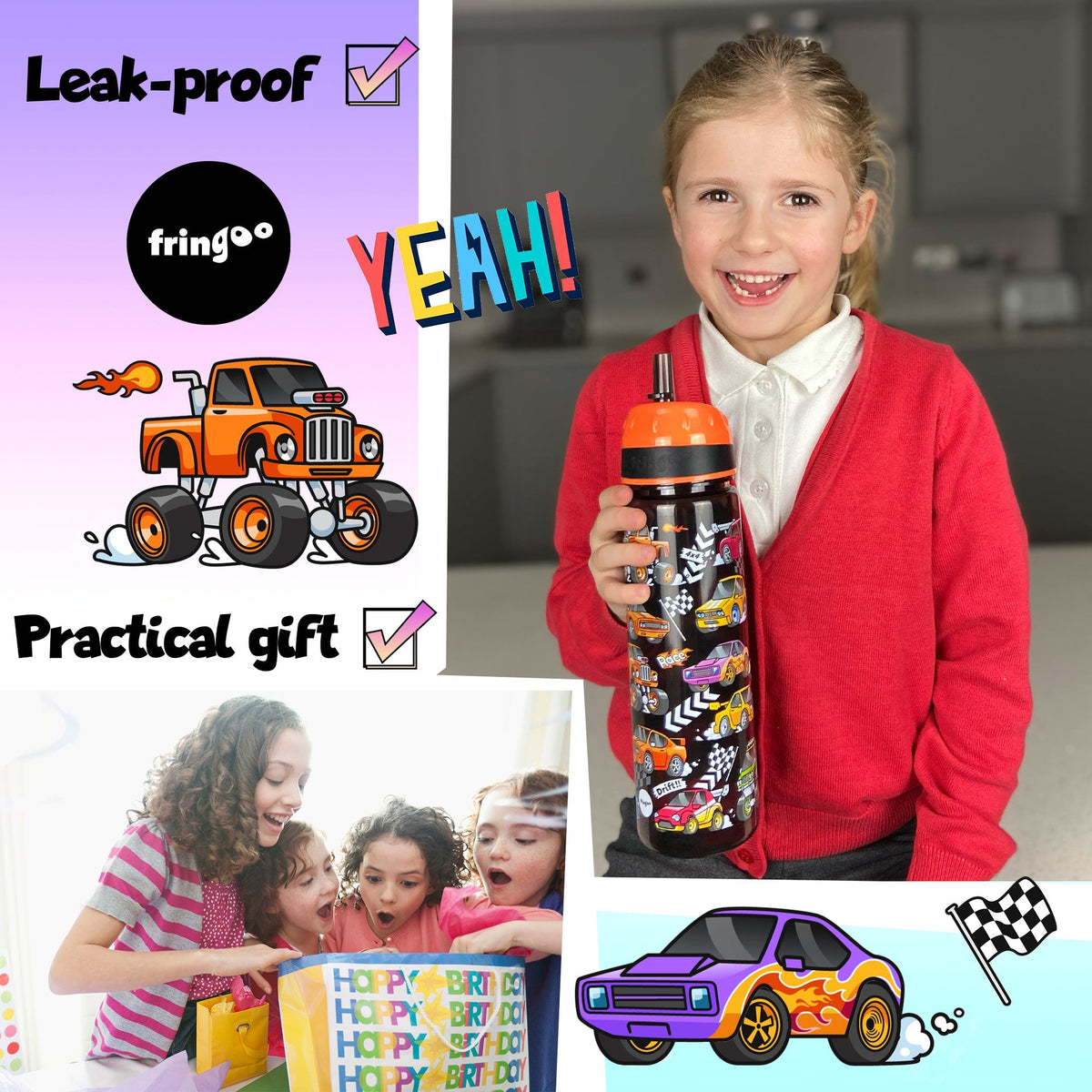 Trinkflasche – Trinkflasche mit Strohhalm – Rennautos