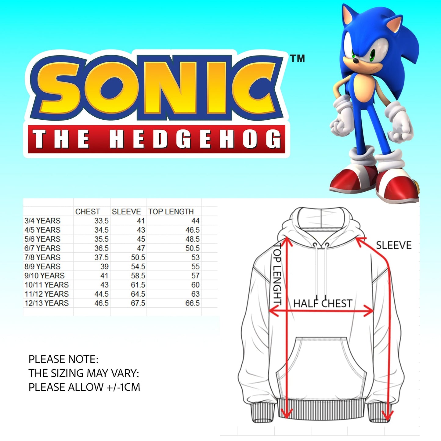 Sonic THE HEDGEHOG garçon Sweat à capuche – 100% Cotton Hooded Sweatshirt
