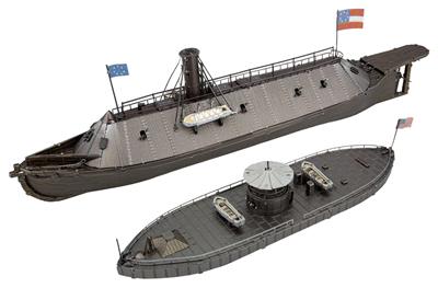 MetalEarth: ICONX - MONITOR ET MERRIMACK (Bataille des cuirassés)(Monitor: 14.73x3.56x3.05cm & Merrimack: 21.34x4.19x5.59cm), maquette 3D en métal avec 3 feuilles, en boîte 13,5x22x2cm, 14+