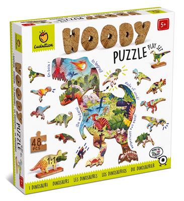 Ludattica Puzzles : WOODY PUZZLE DINOSAURE 25x35cm, 48 pièces, 12 figurines, en bois, 4+