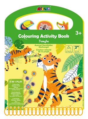 Avenir Scratch: LIVRE / COULEUR VELOUTÉ: JUNGLE 17x22.7cm, 3-en-1 play: coloriage, sticker rigolo, jeu, 3+