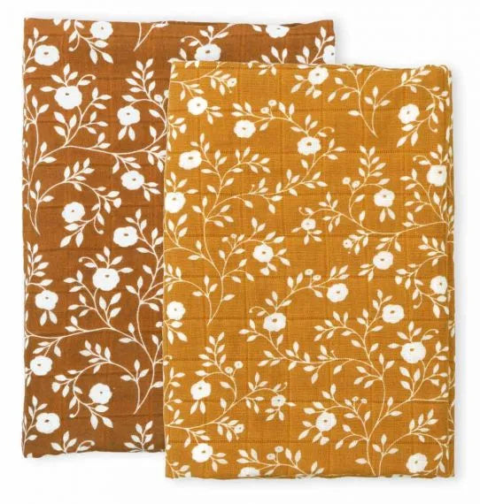 Pack de 2 Langes Coton Bio Fleurs Caramel A Little Lovely Company - OFCK.fr